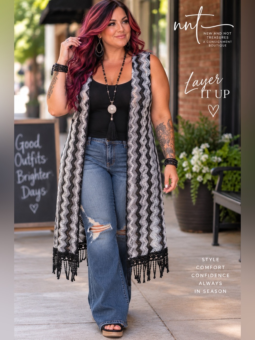 No Boundaries XXL 2X Black Gray Chevron Crochet Long Vest Fringe Boho